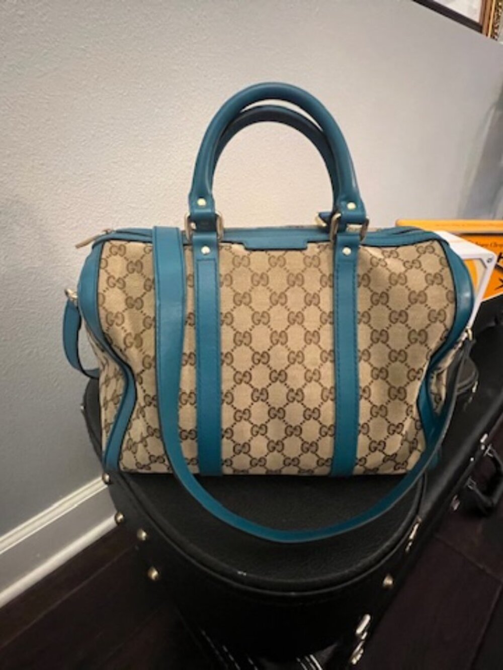 Gucci GG Canvas Joy Boston Bag Teal Leather Medium 2-Way Satchel Crossbody